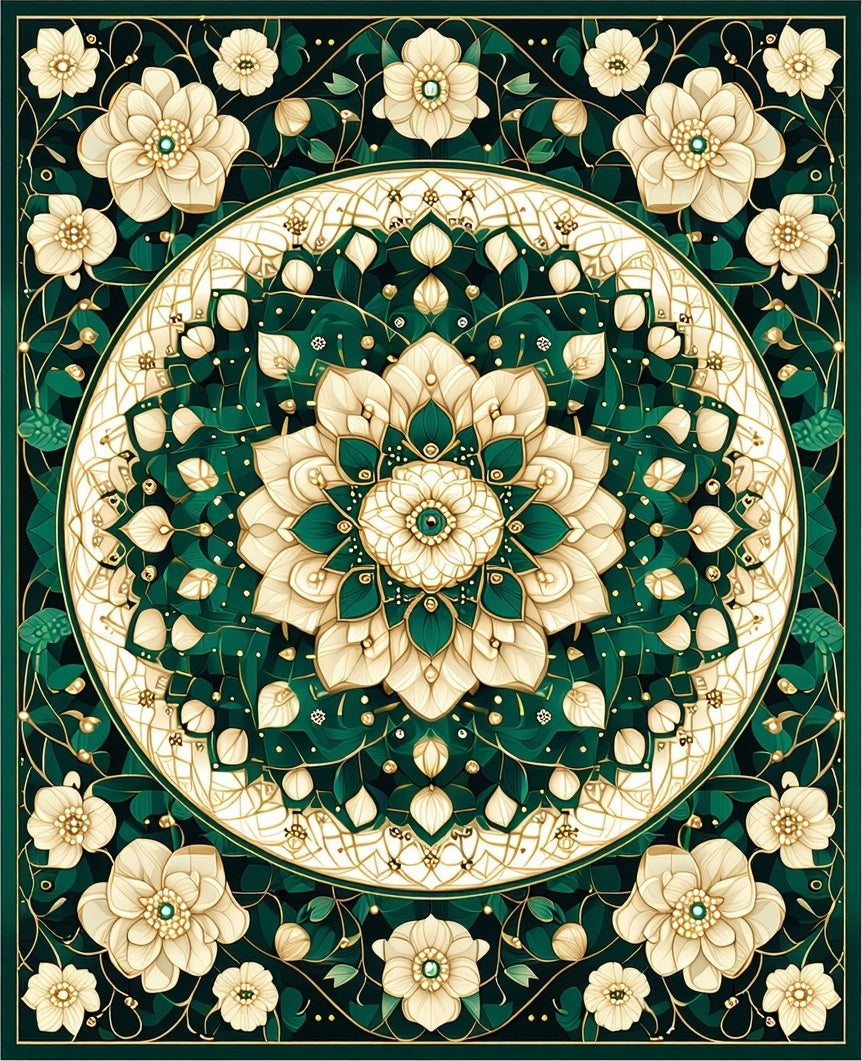 Elegant Emerald Floral Mandala Design Rug