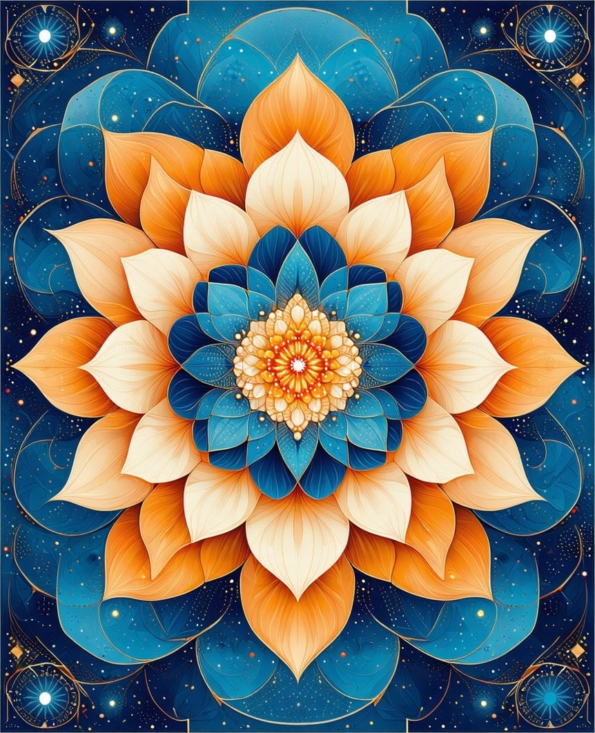 Mandala Floral Pattern Blue Orange Rug