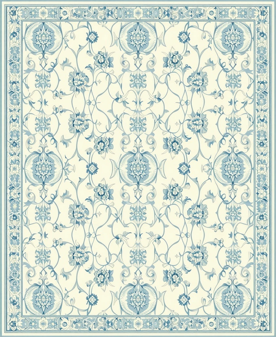 Ornate Blue Floral Border Pattern Rug