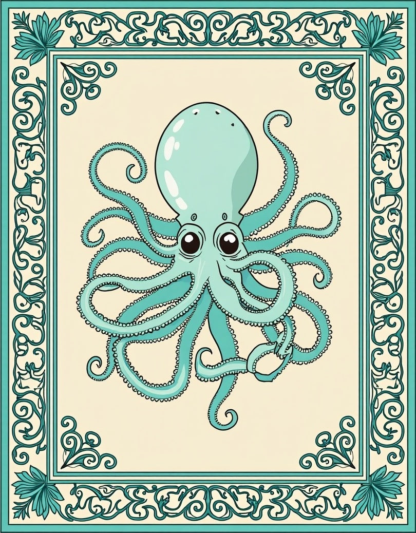 Teal Octopus Whimsical Border Design Rug