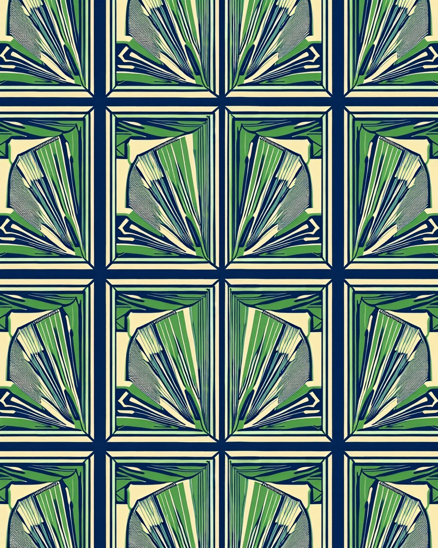 Green Blue Fan Medallion Geometric Rug