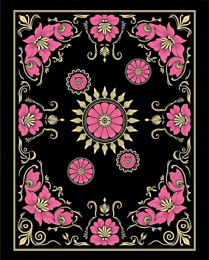 Pink Floral Swirls Black Pattern Rug