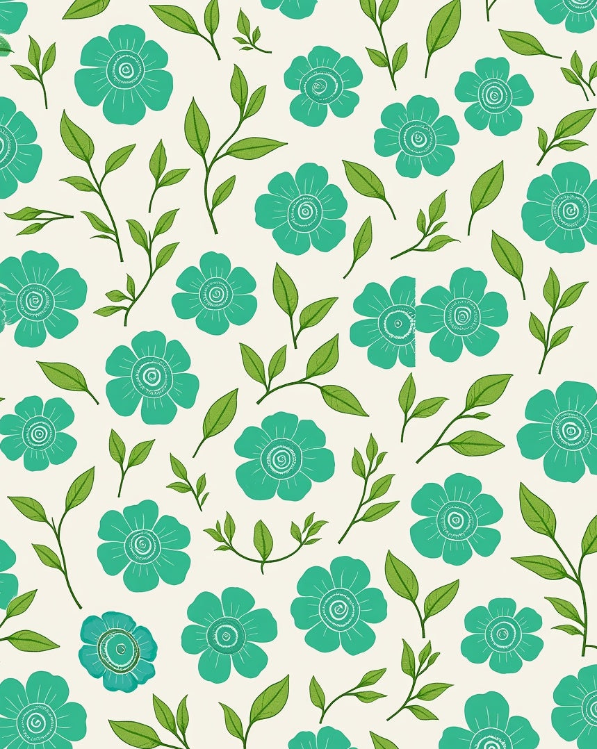 Teal Floral Leaf Pattern Rug