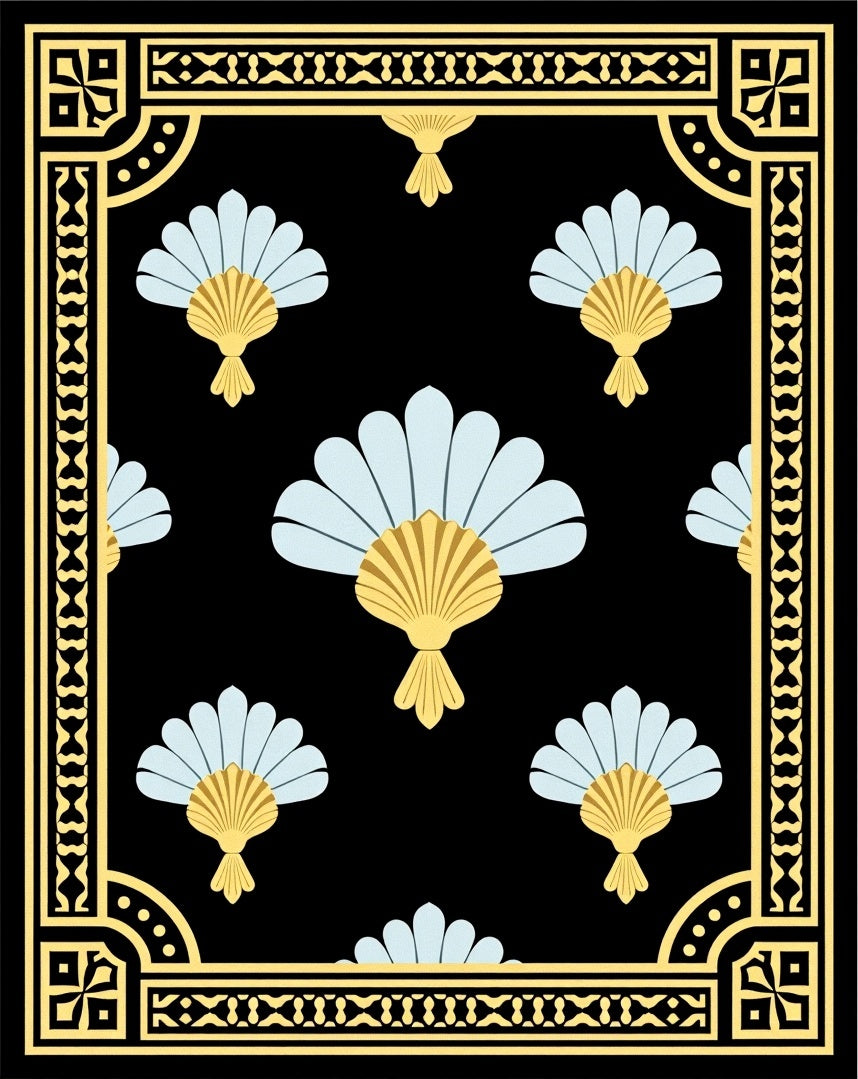 Black Gold Light Blue Fan Scroll Rug