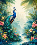 Lush Tropical Peacock Floral Scene Rug