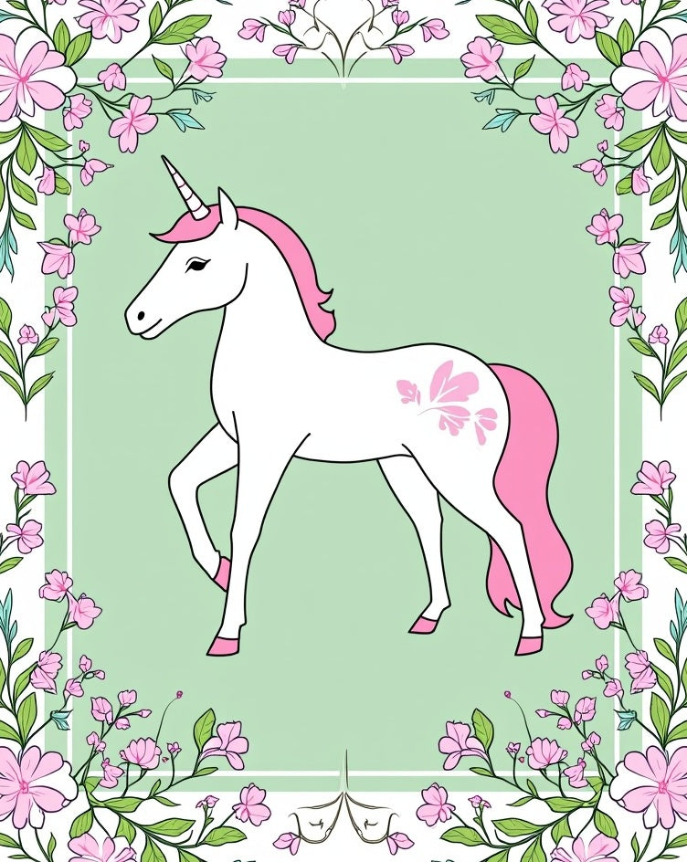 Graceful Unicorn Surrounded by Pink Flowers Rug
