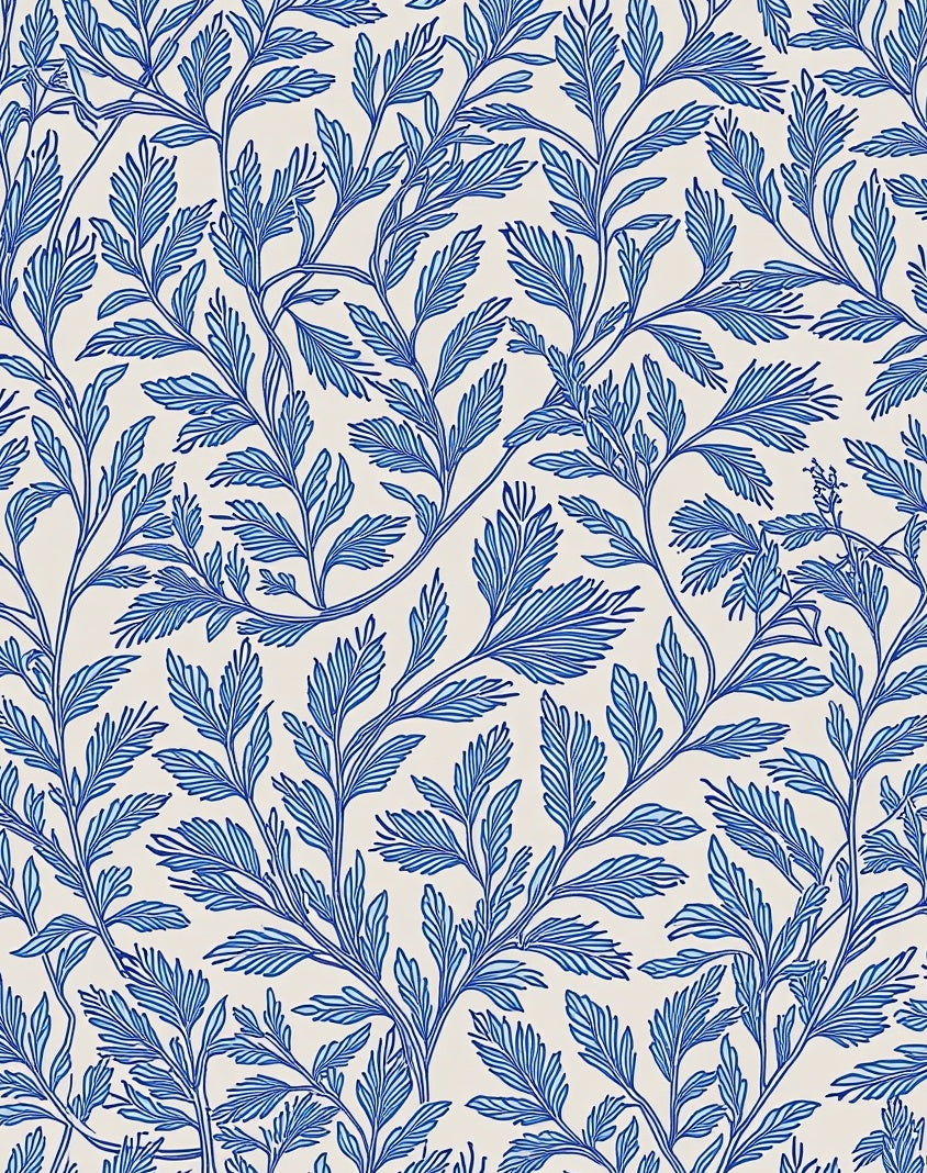 Blue White Leafy Branch Pattern Rug