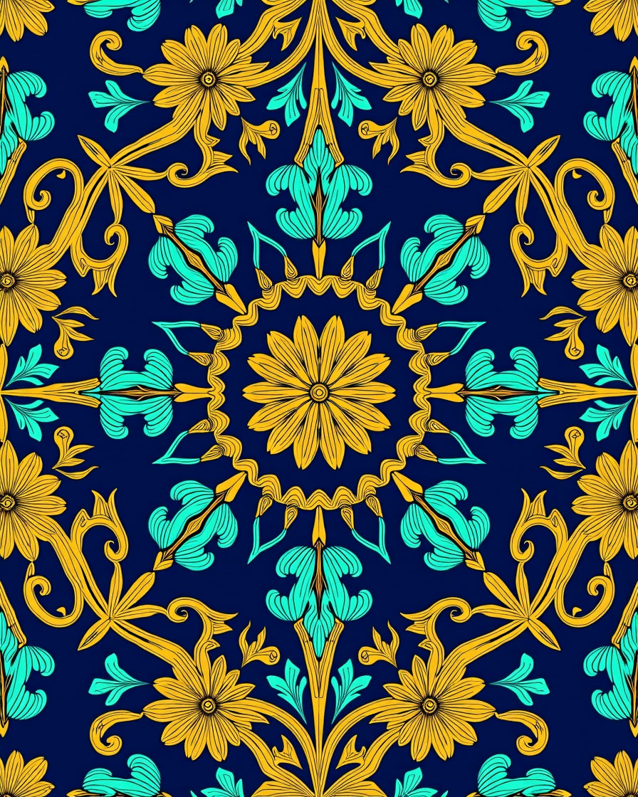 Golden Teal Floral Arabesque Pattern Rug