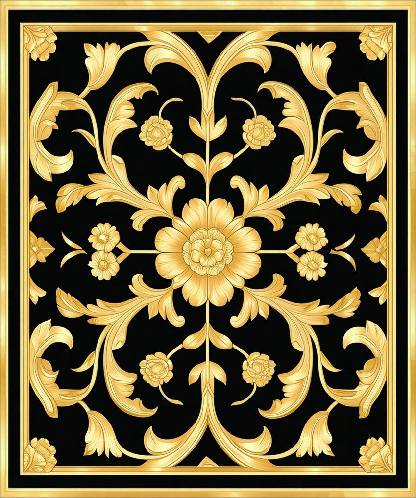 Ornate Gold Floral Black Pattern Rug