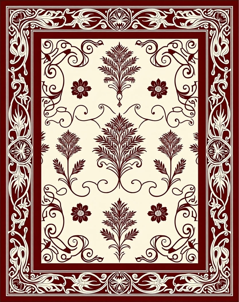 Rich Burgundy Floral Scroll Border Rug