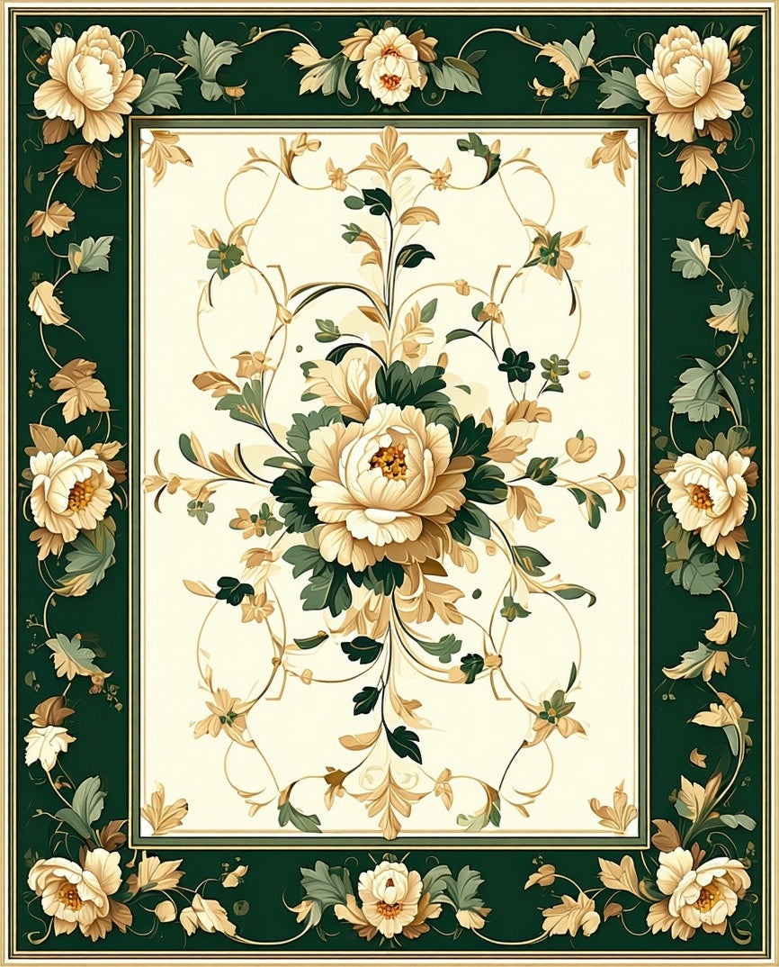 Elegant Floral Scrollwork Ivory Green Rug