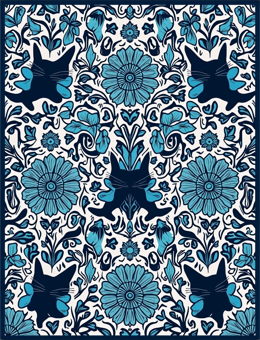 Blue Cat Floral Symmetry Pattern Rug