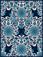 Blue Cat Floral Symmetry Pattern Rug