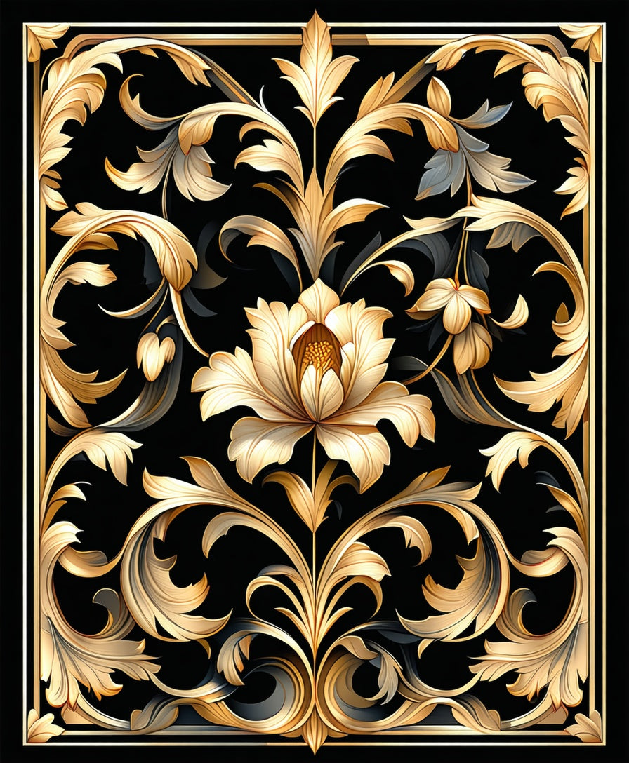Ornate Golden Floral Scroll Pattern Rug