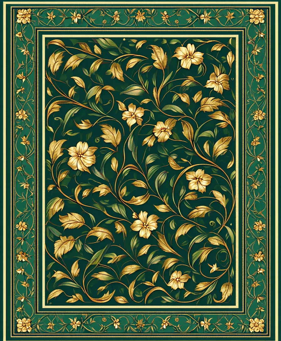 Gold Floral Leaf Dark Green Rug