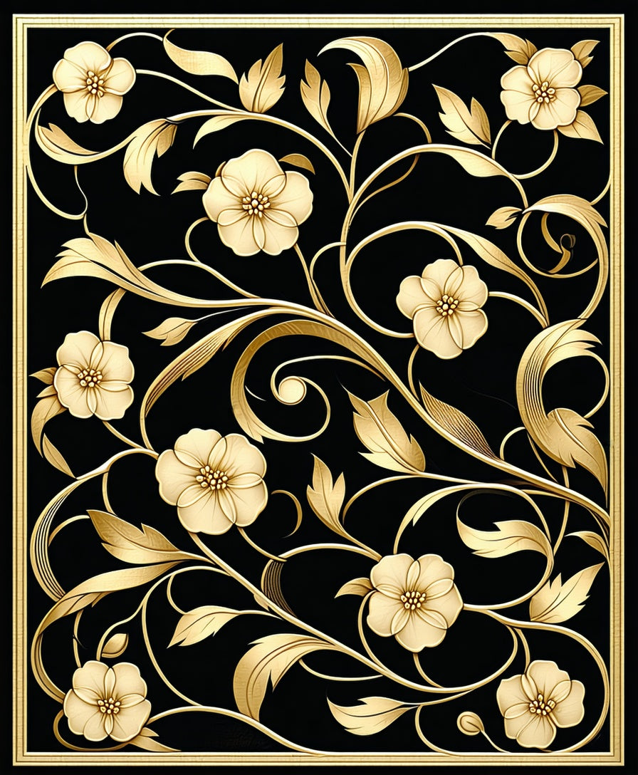 Ornate Gold Floral Black Relief Rug