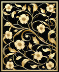 Ornate Gold Floral Black Relief Rug