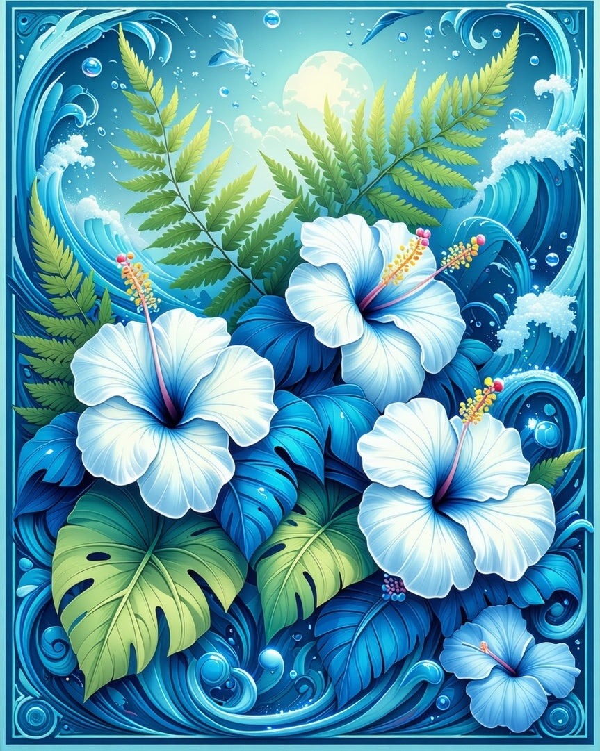 Coastal Blue Hibiscus Wave Design Rug