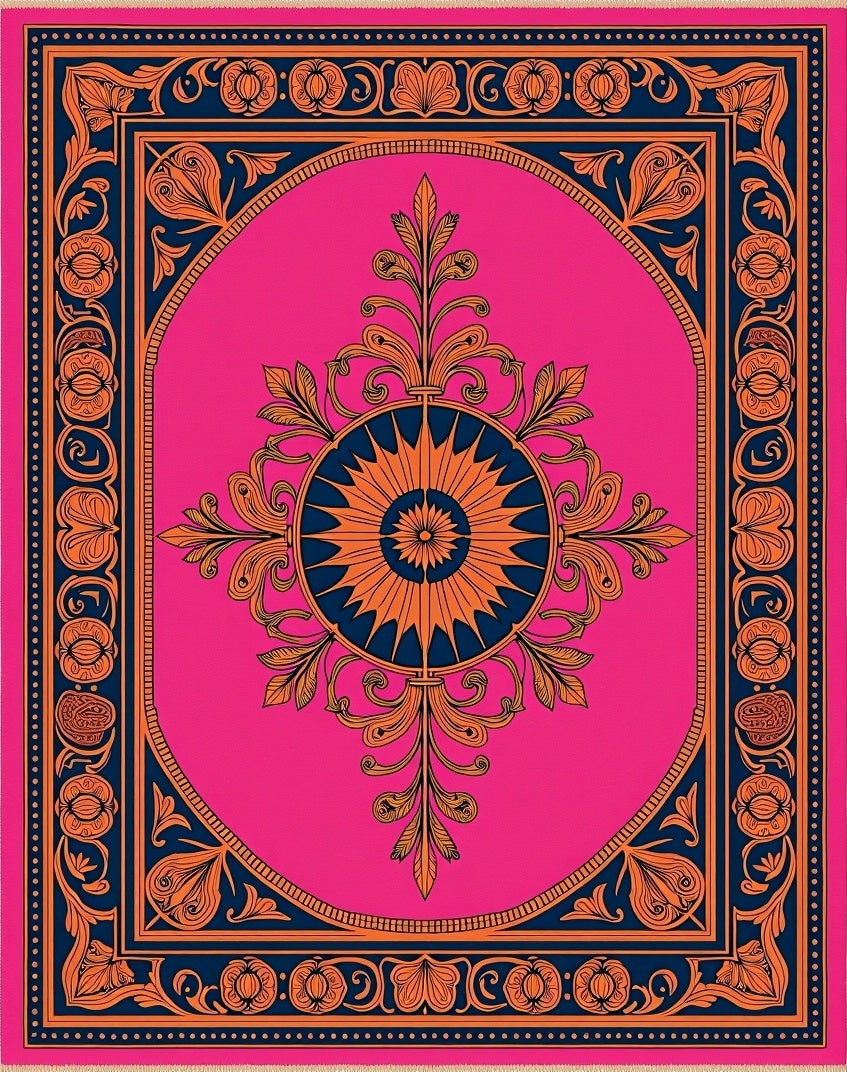 Fuchsia Orange Navy Floral Medallion Round Rug