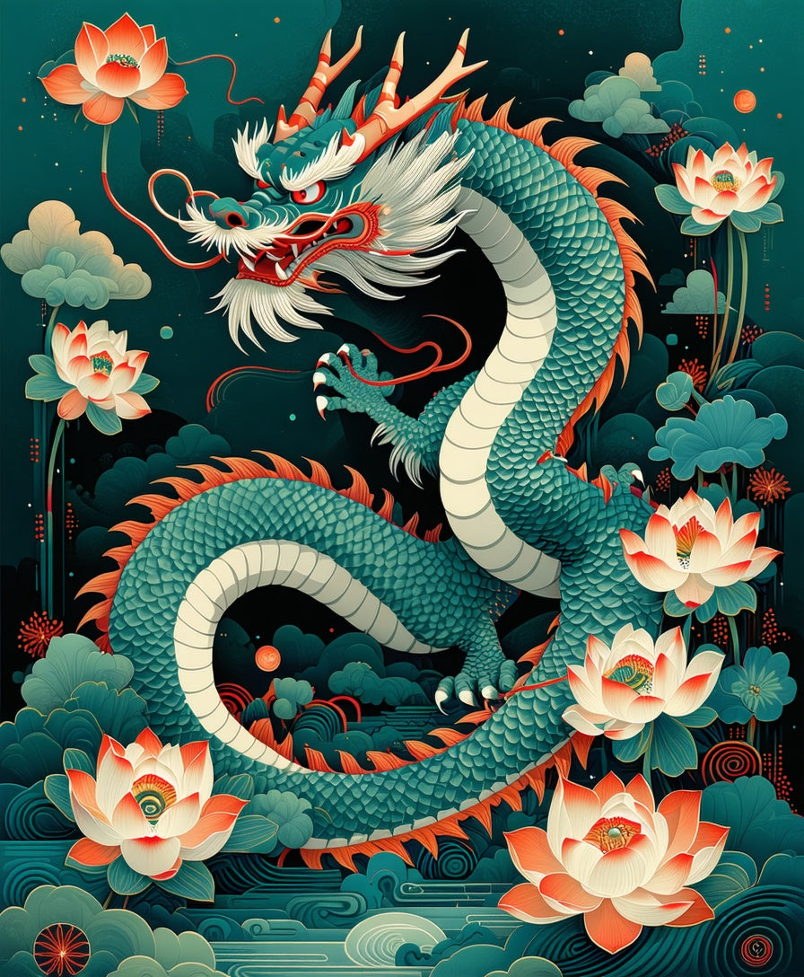 Mystical Teal Dragon Lotus Design Rug