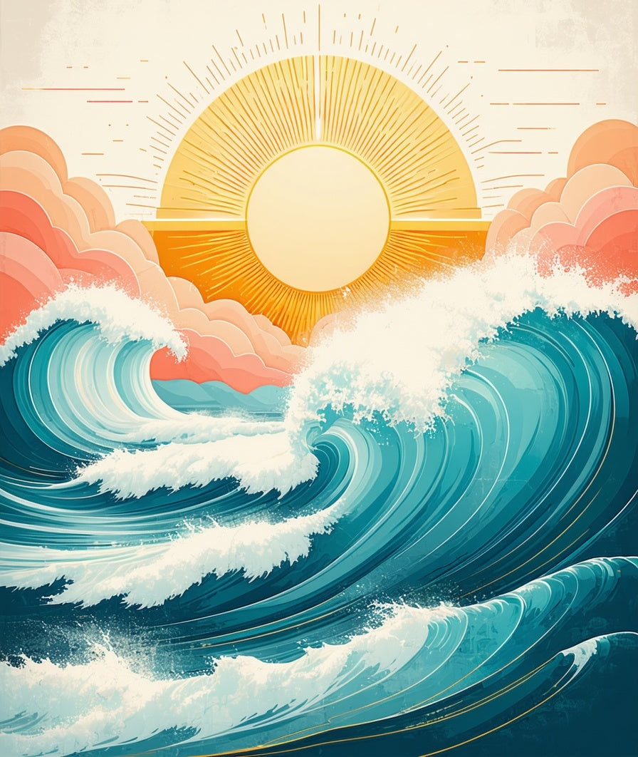 Stylized Ocean Waves Sunburst Design Rug
