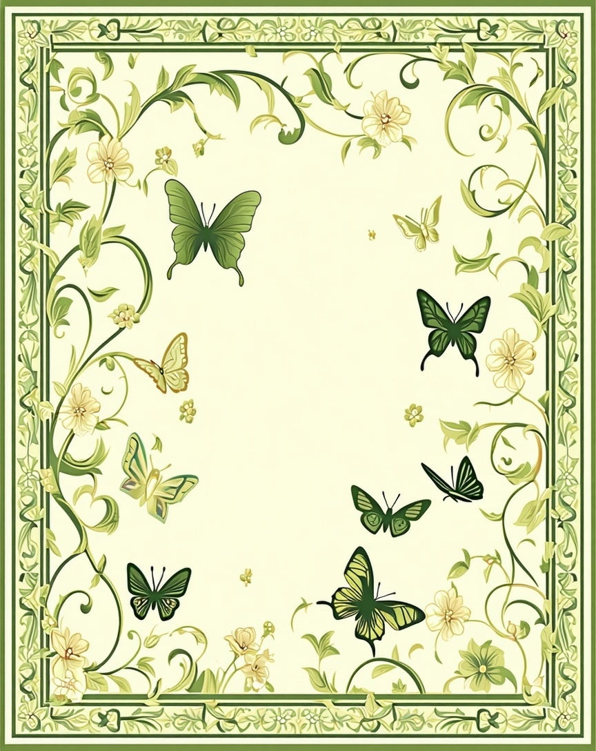 Green Butterfly Floral Scroll Pattern Rug