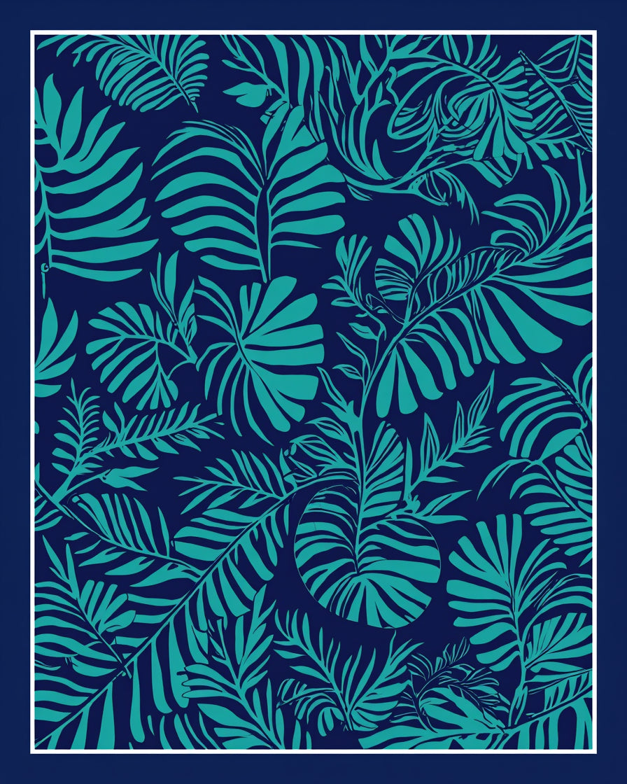 Tropical Leaf Pattern Navy Teal Rug