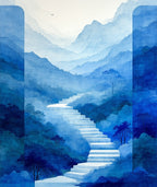 Misty Blue Mountain Staircase Scene Rug