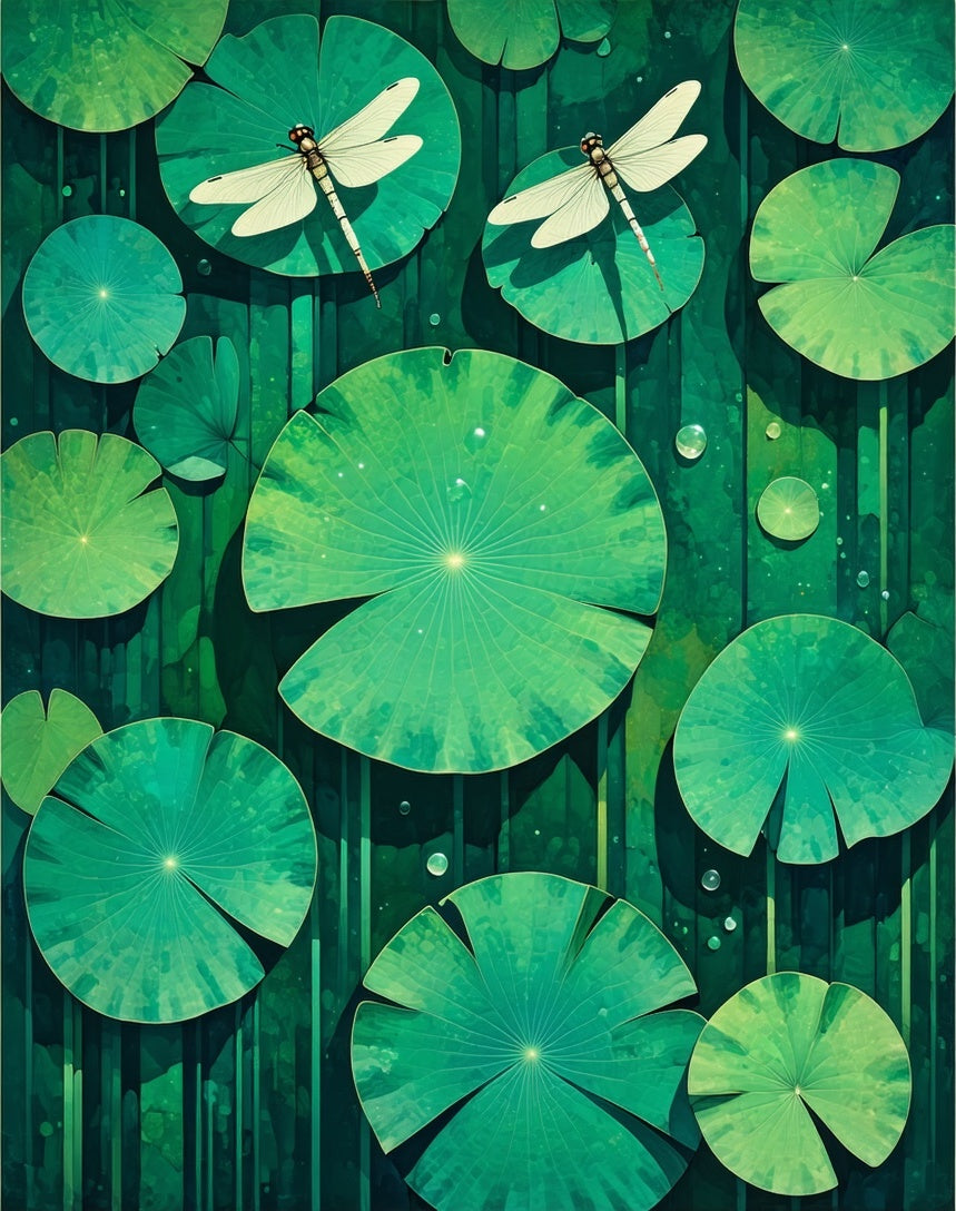 Lush Green Lily Pads Dragonfly Design Rug