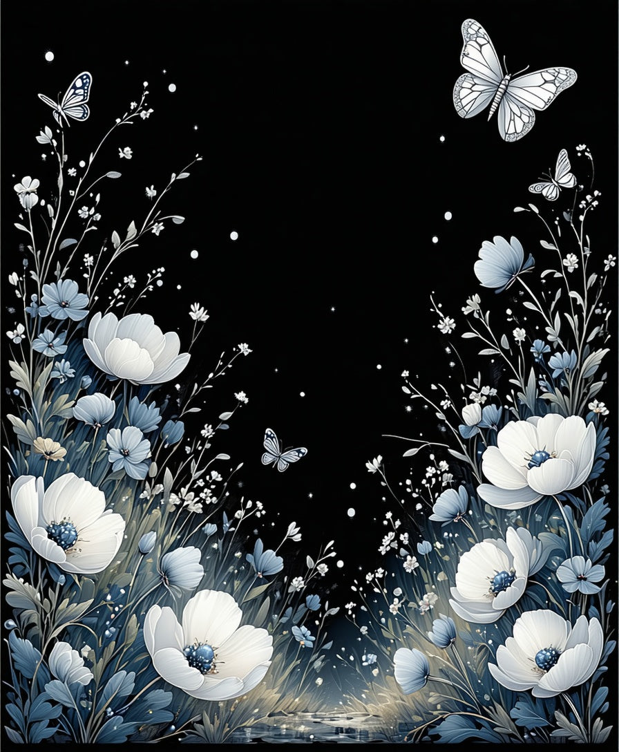 Night Garden Butterflies White Poppies Rug