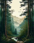 Misty Forest Scenic Mountain River View Rug