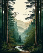 Misty Forest Scenic Mountain River View Rug