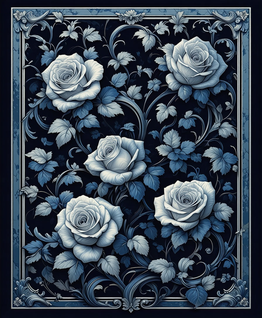Elegant Blue Floral Rose Design Rug