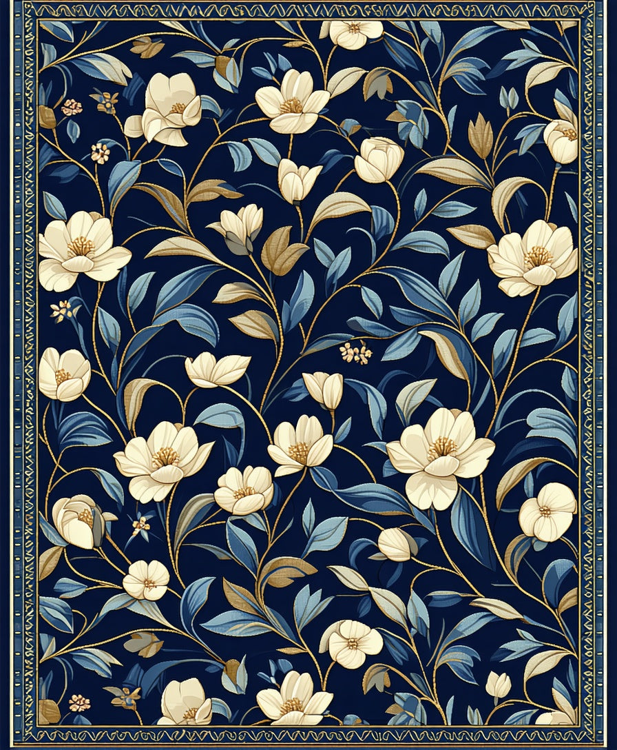 Dark Blue Floral Vine Pattern Rug