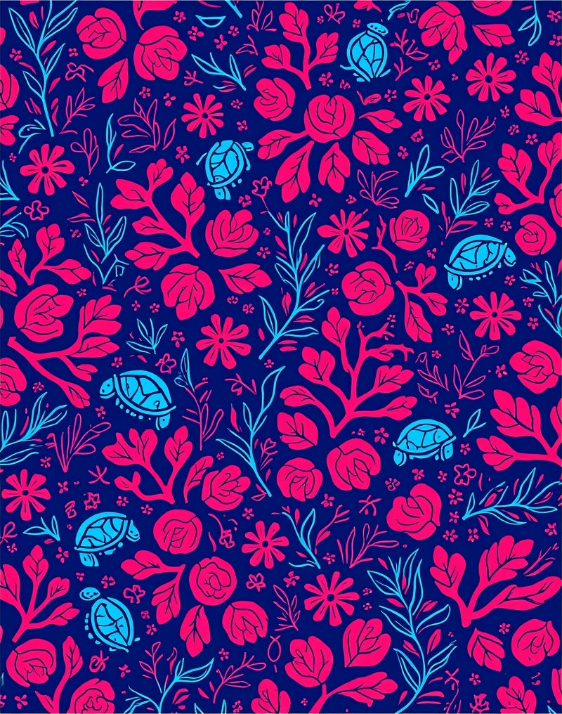 Blue Pink Floral Turtle Pattern Rug
