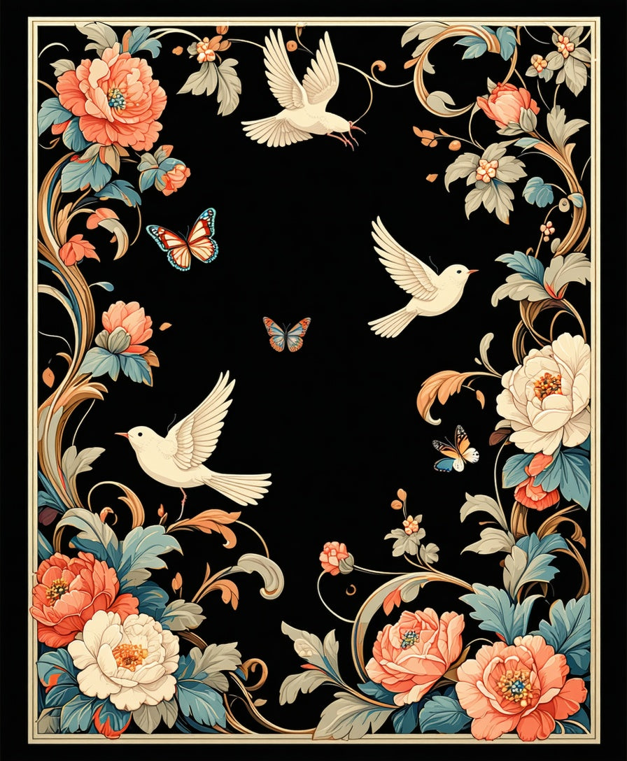 Floral Birds Butterflies Black Pattern Rug