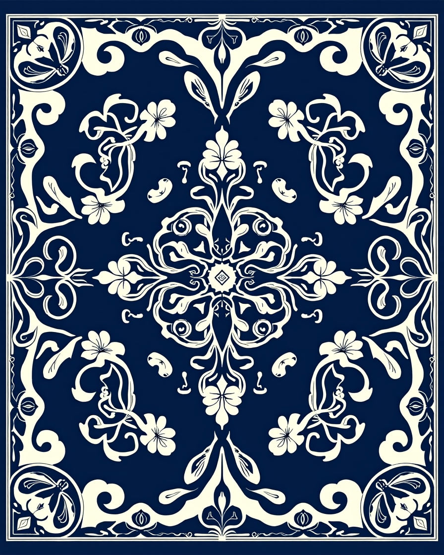 Ornate Floral Symmetry Navy Cream Rug