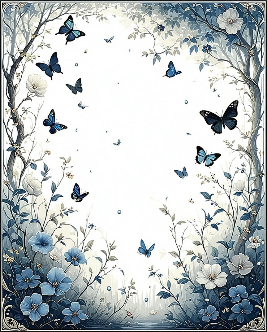 Whimsical Blue Butterfly Floral Garden Rug