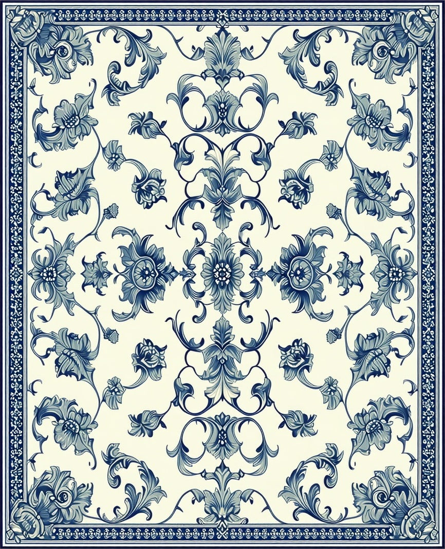 Blue White Floral Damask Pattern Rug