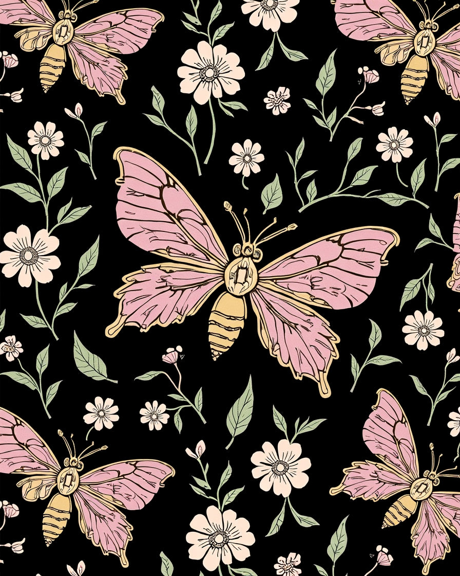 Pink Butterfly Flower Pattern Rug