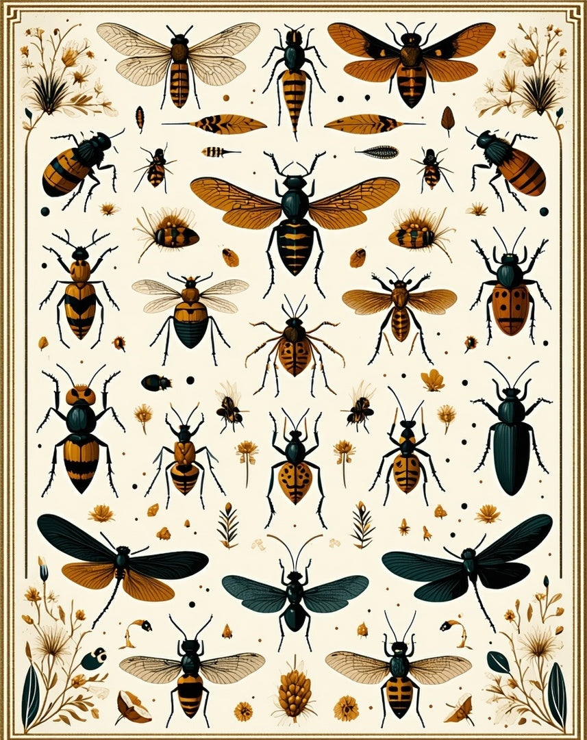 Insect Pattern With Botanical Accents Rug