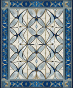 Elegant Blue Gold Interlocking Petal Pattern Rug