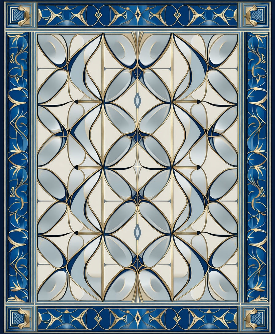 Elegant Blue Gold Interlocking Petal Pattern Rug