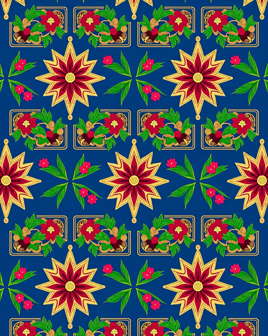 Crimson Gold Star Floral Border Rug