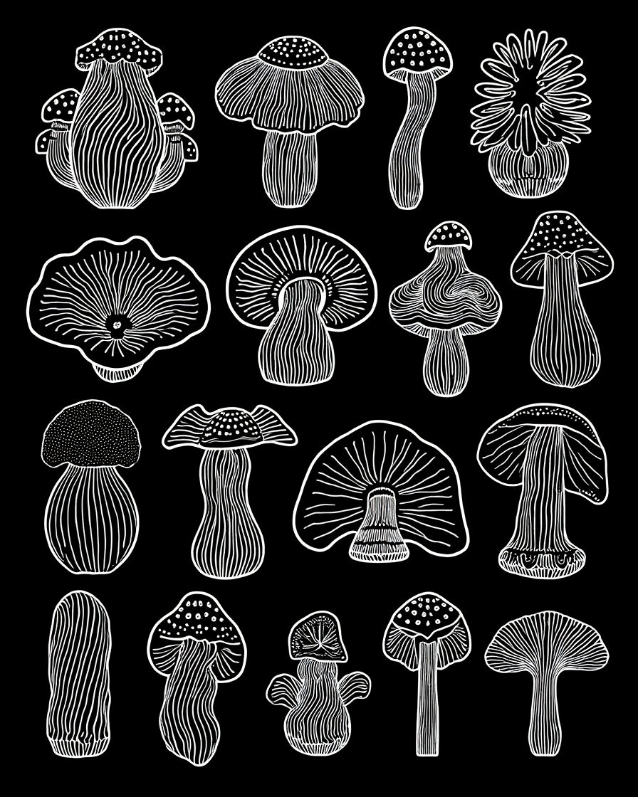Whimsical Mushroom Line Art Design Rug