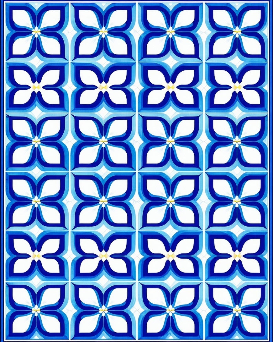 Blue White Floral Geometric Pattern Rug
