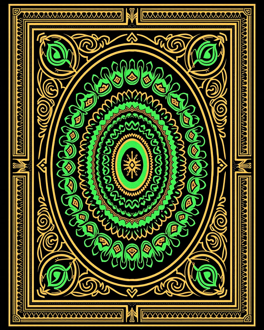 Ornate Green Gold Mandala Border Rug