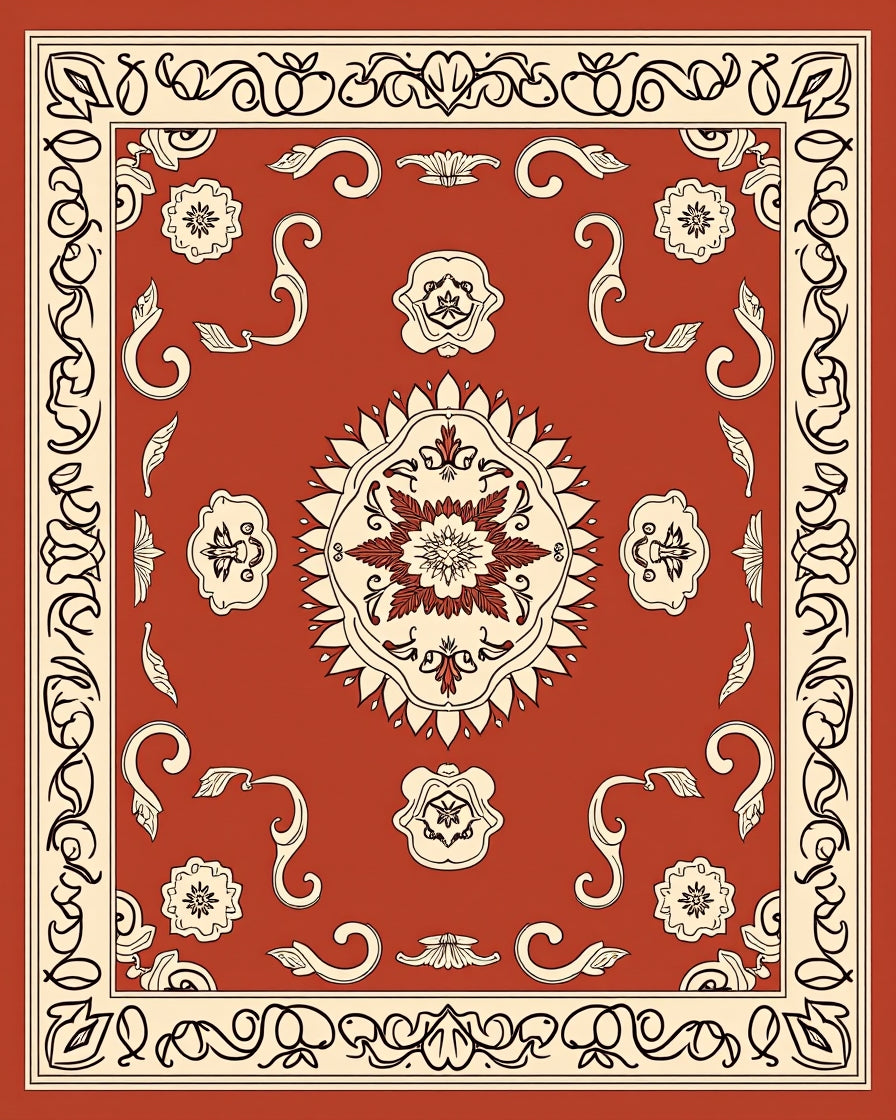 Terracotta Floral Scroll Detailed Pattern Rug