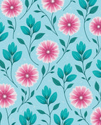 Pink Flowers Teal Leaves Pattern Rug