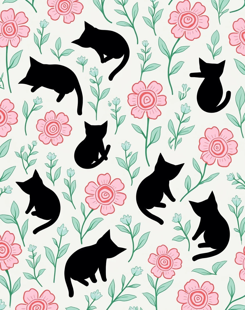 Black Cats Floral Pattern Design Rug